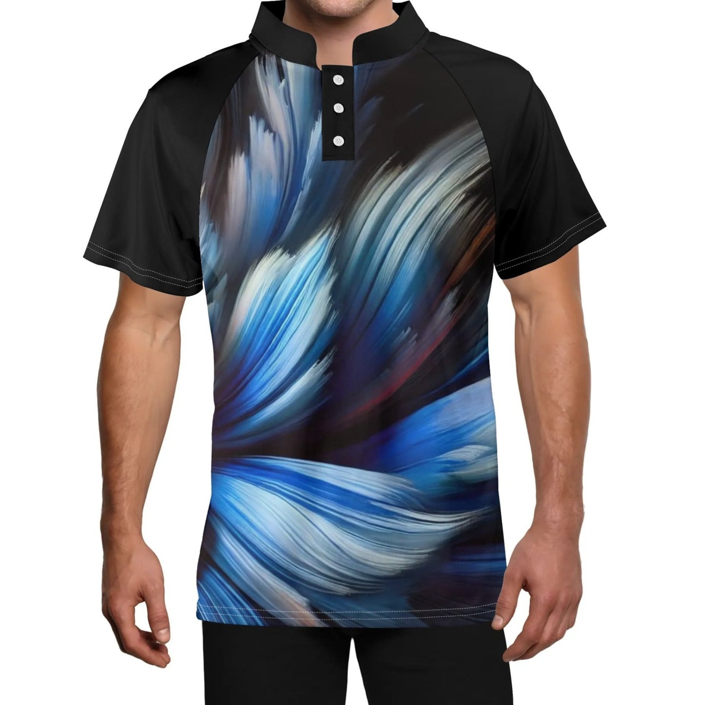 Mens Stand Collar Polo Shirt, "Blue Abstract Print"