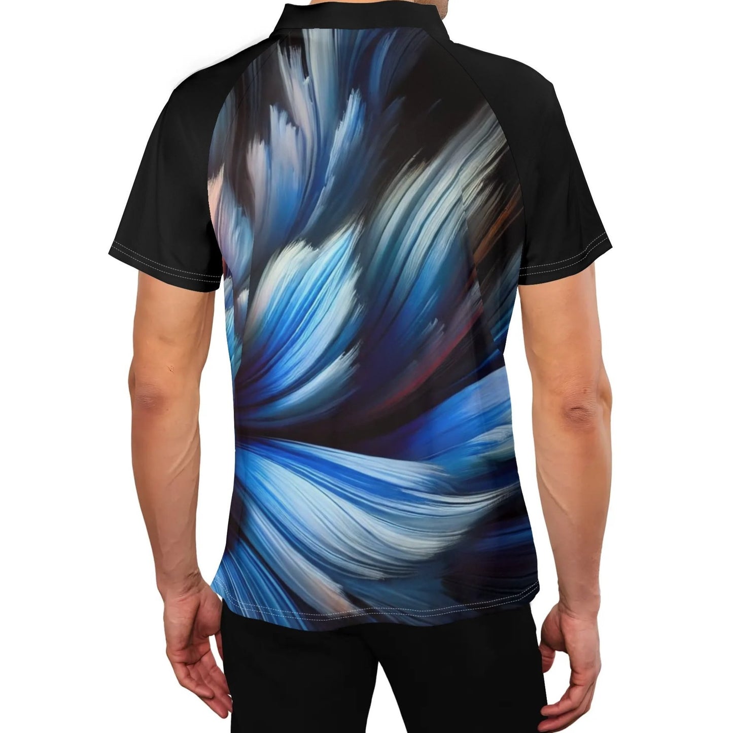 Mens Stand Collar Polo Shirt, "Blue Abstract Print"