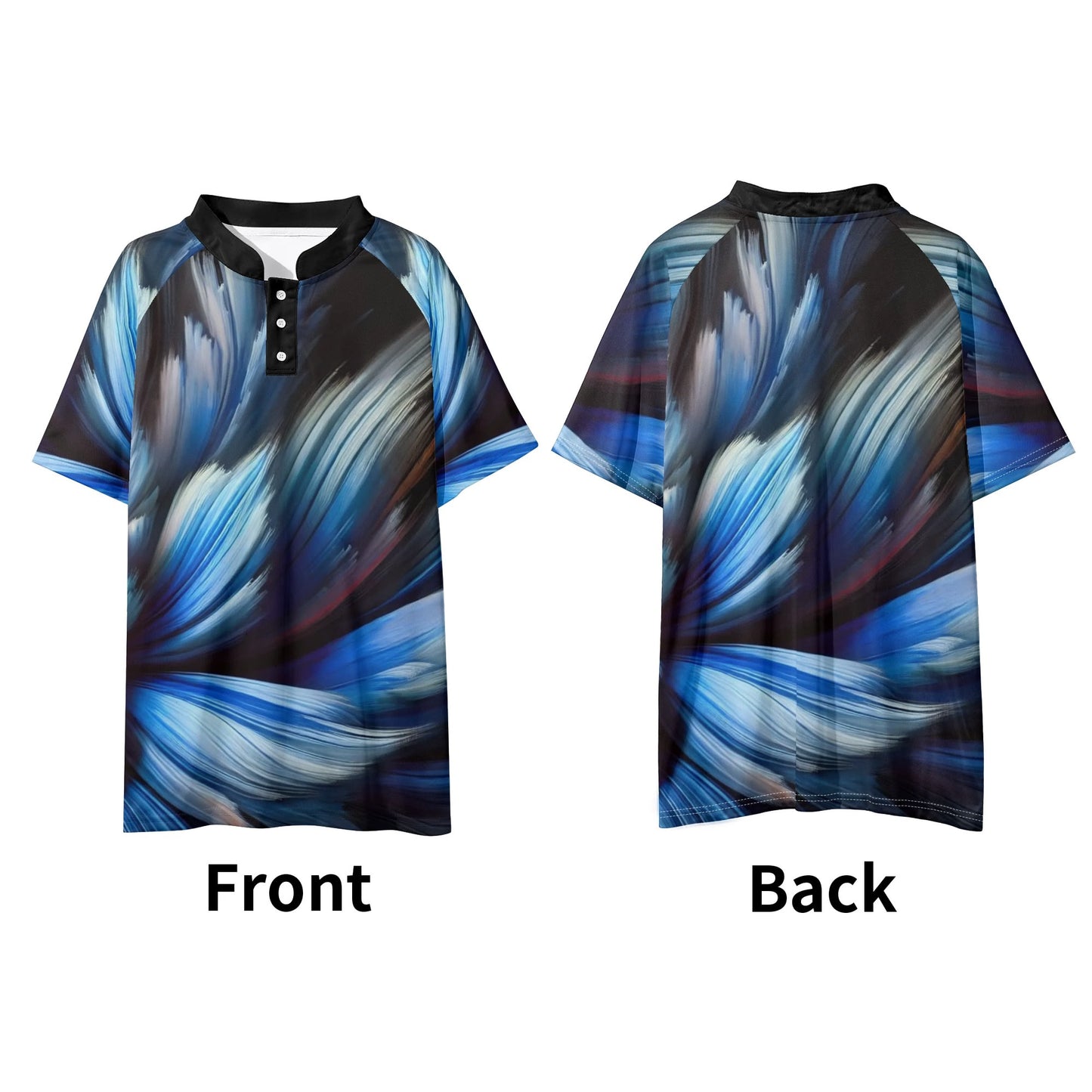 Mens Stand Collar Polo Shirt, "Blue Abstract Print"