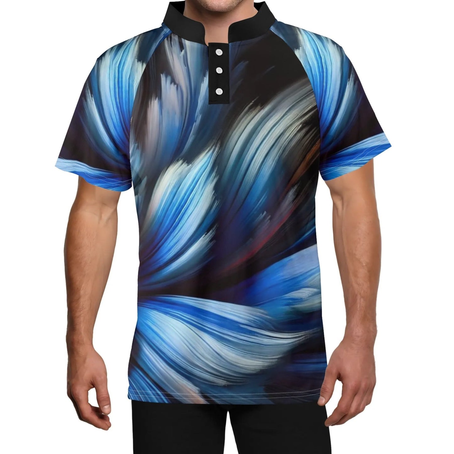 Mens Stand Collar Polo Shirt, "Blue Abstract Print"