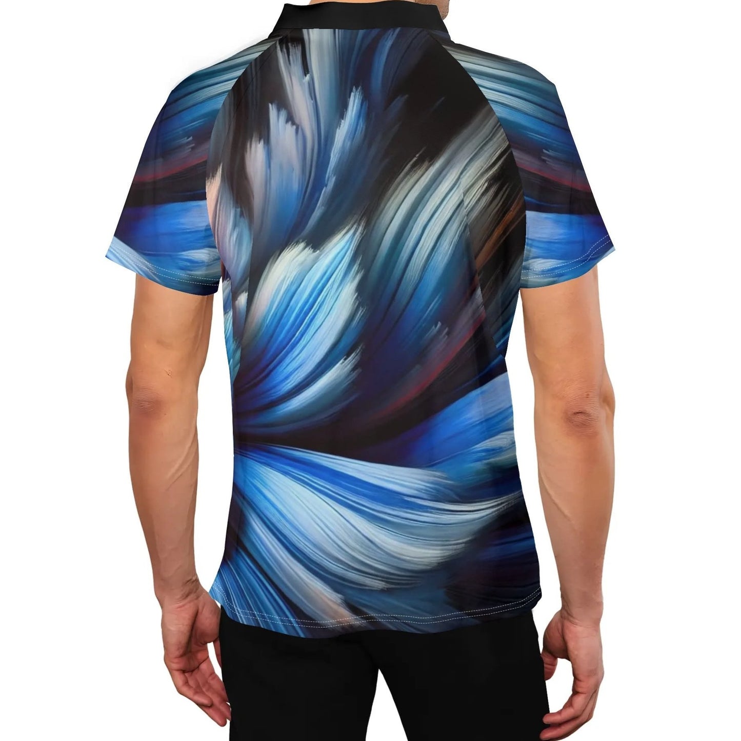 Mens Stand Collar Polo Shirt, "Blue Abstract Print"