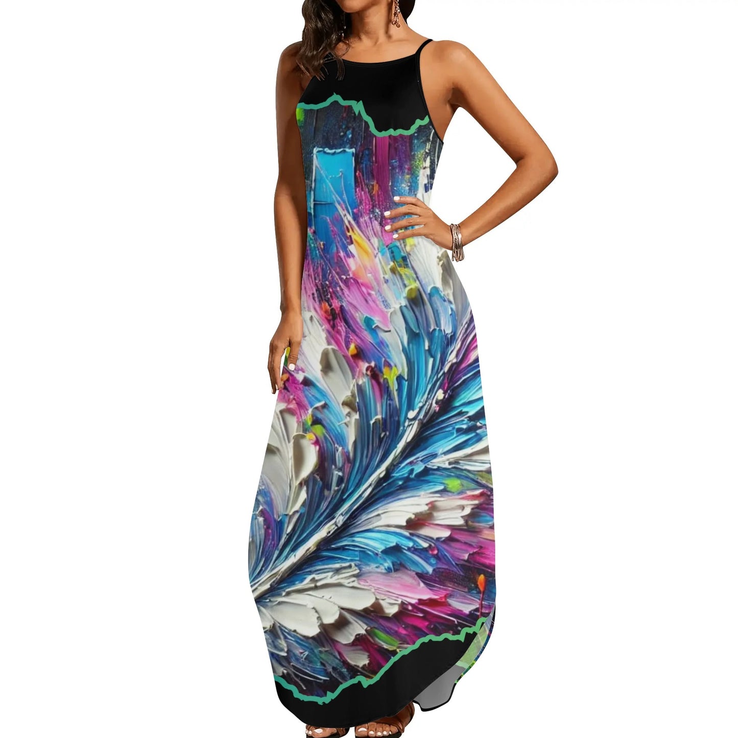 Womens Elegant Sleeveless Evening Dress Abstract Feathers