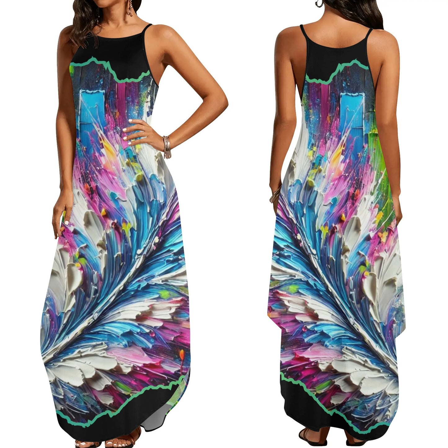 Womens Elegant Sleeveless Evening Dress Abstract Feathers