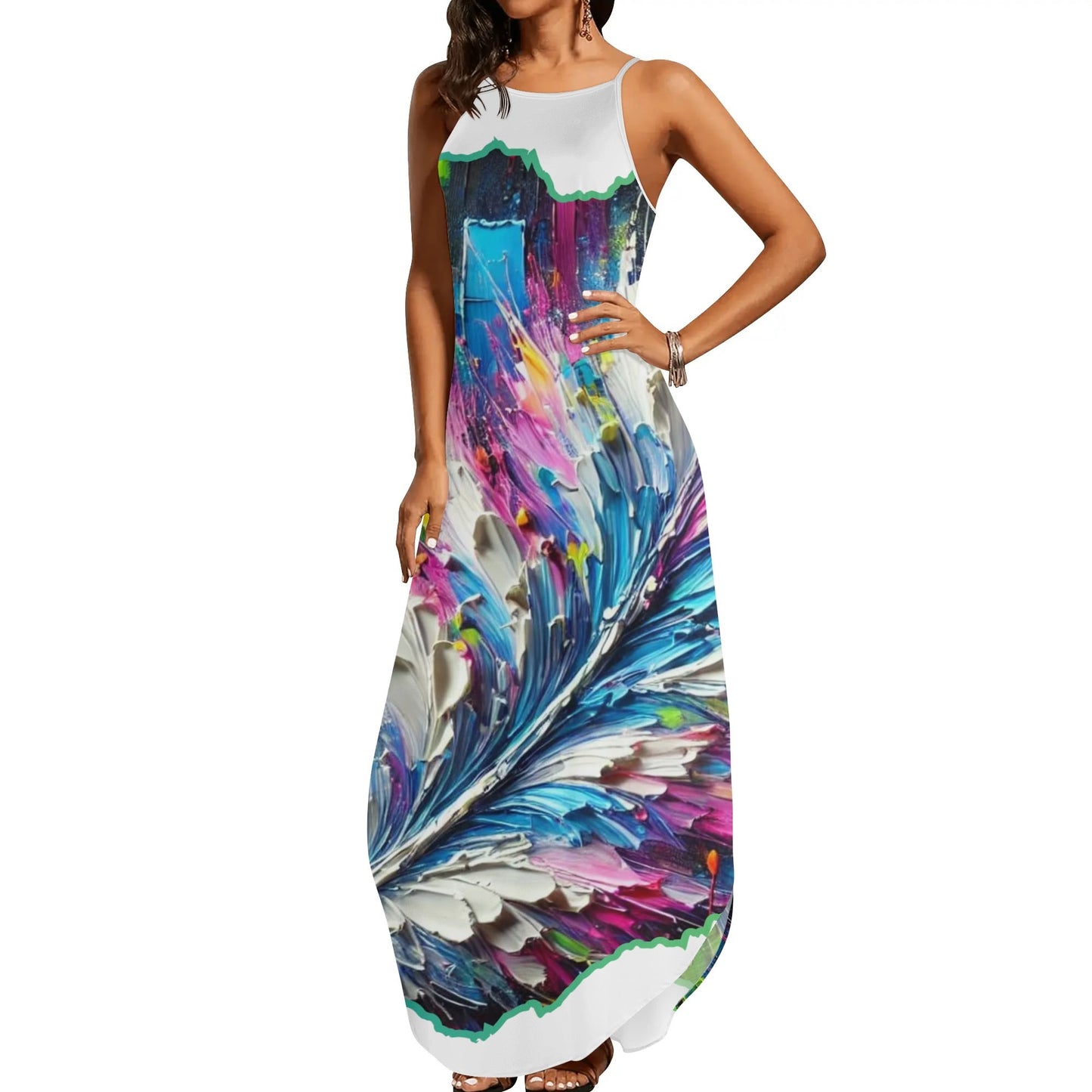 Womens Elegant Sleeveless Evening Dress Abstract Feathers