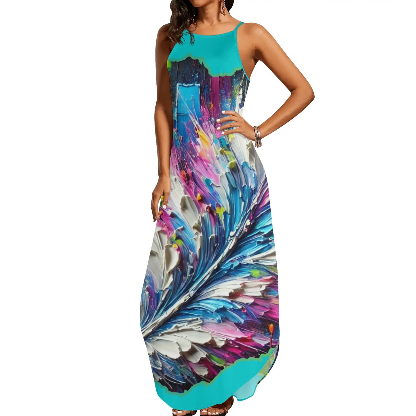 Womens Elegant Sleeveless Evening Dress Abstract Feathers