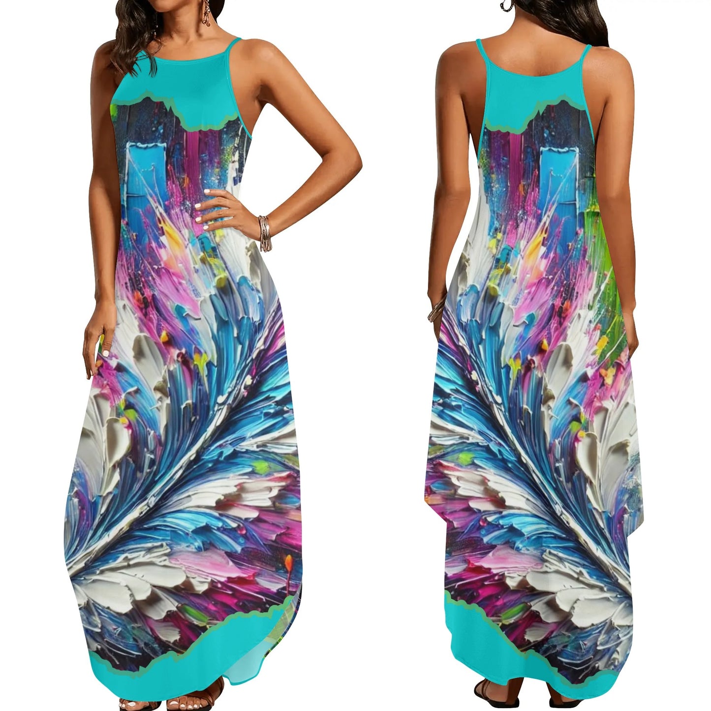 Womens Elegant Sleeveless Evening Dress Abstract Feathers