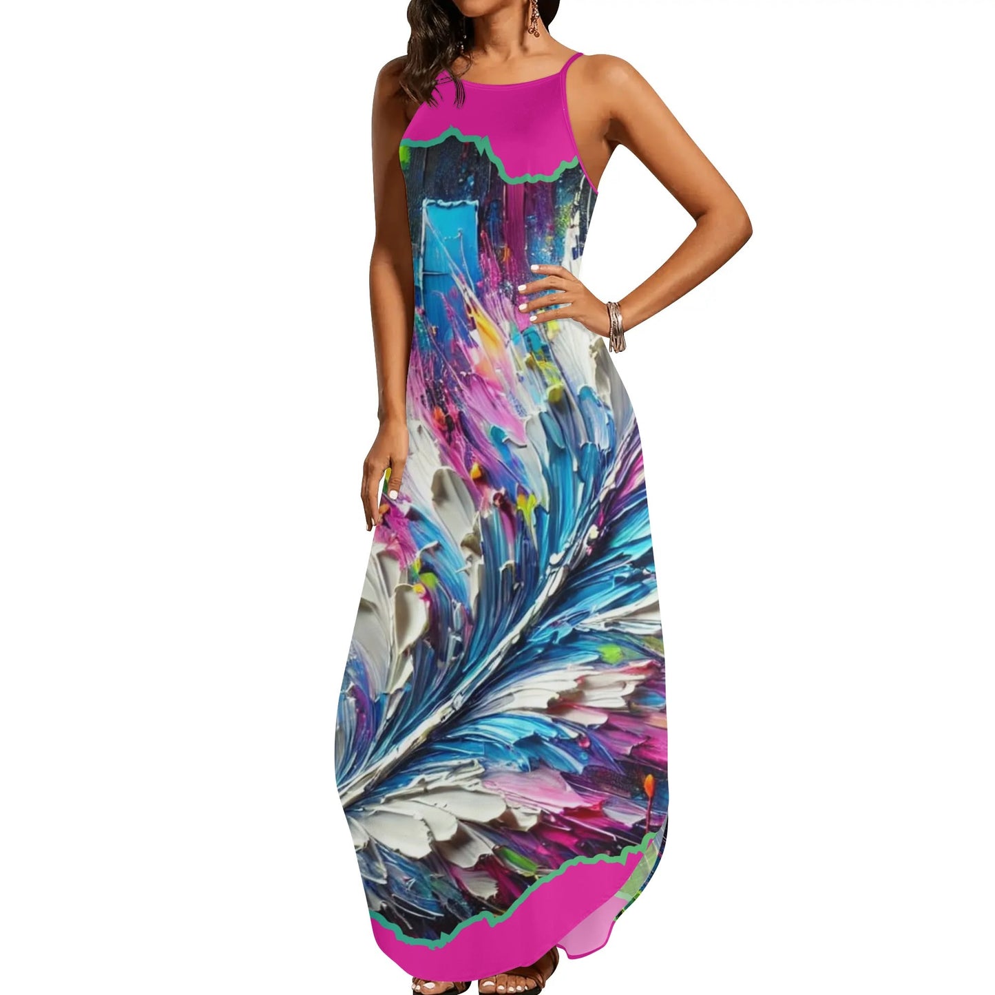 Womens Elegant Sleeveless Evening Dress Abstract Feathers