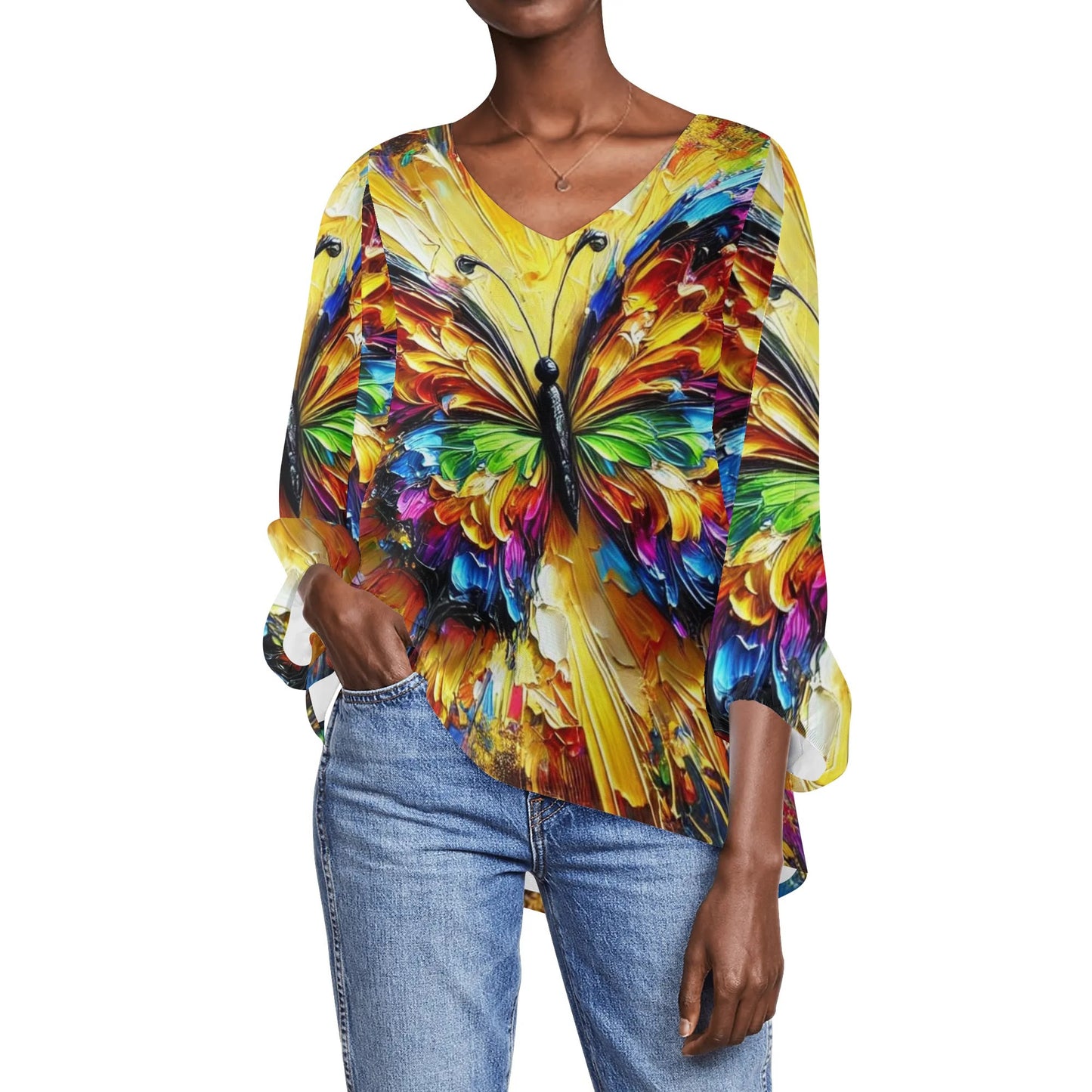 Womens Puffy Long-sleeve Chiffon Blouse The Butterfly