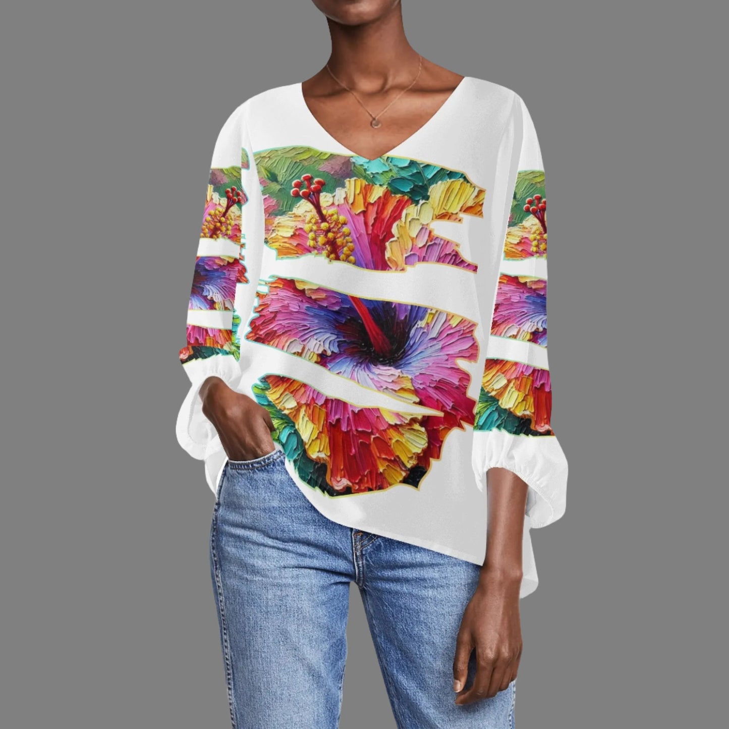 Womens Puffy Long-sleeve Chiffon Blouse "Hibiscus"