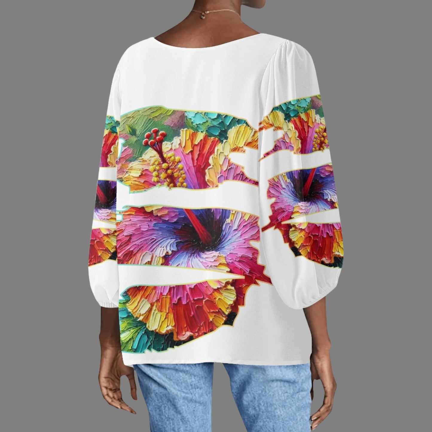 Womens Puffy Long-sleeve Chiffon Blouse "Hibiscus"