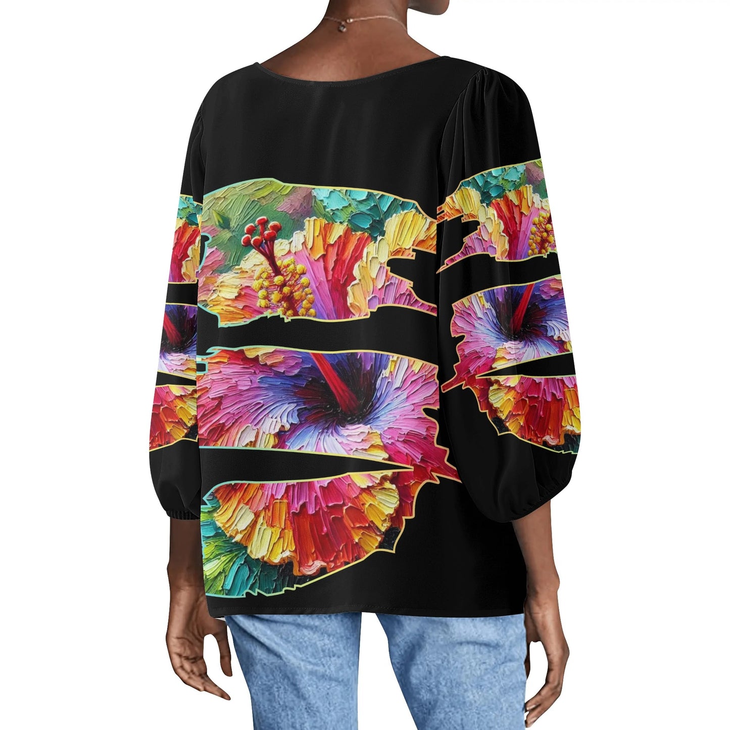 Womens Puffy Long-sleeve Chiffon Blouse "Hibiscus"