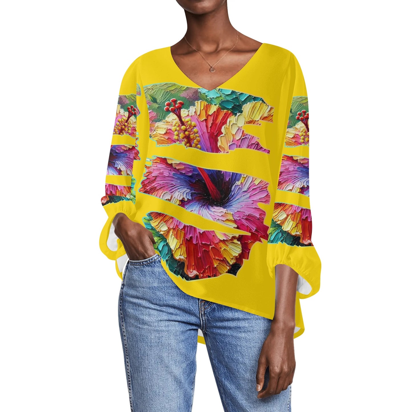 Womens Puffy Long-sleeve Chiffon Blouse "Hibiscus"