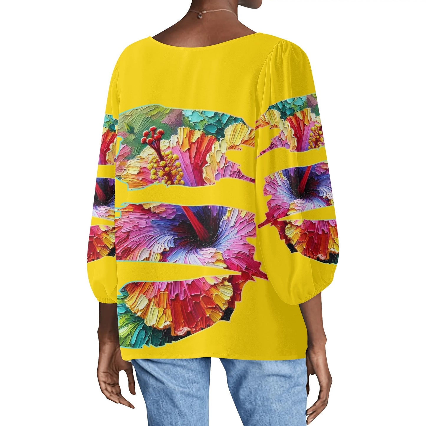 Womens Puffy Long-sleeve Chiffon Blouse "Hibiscus"