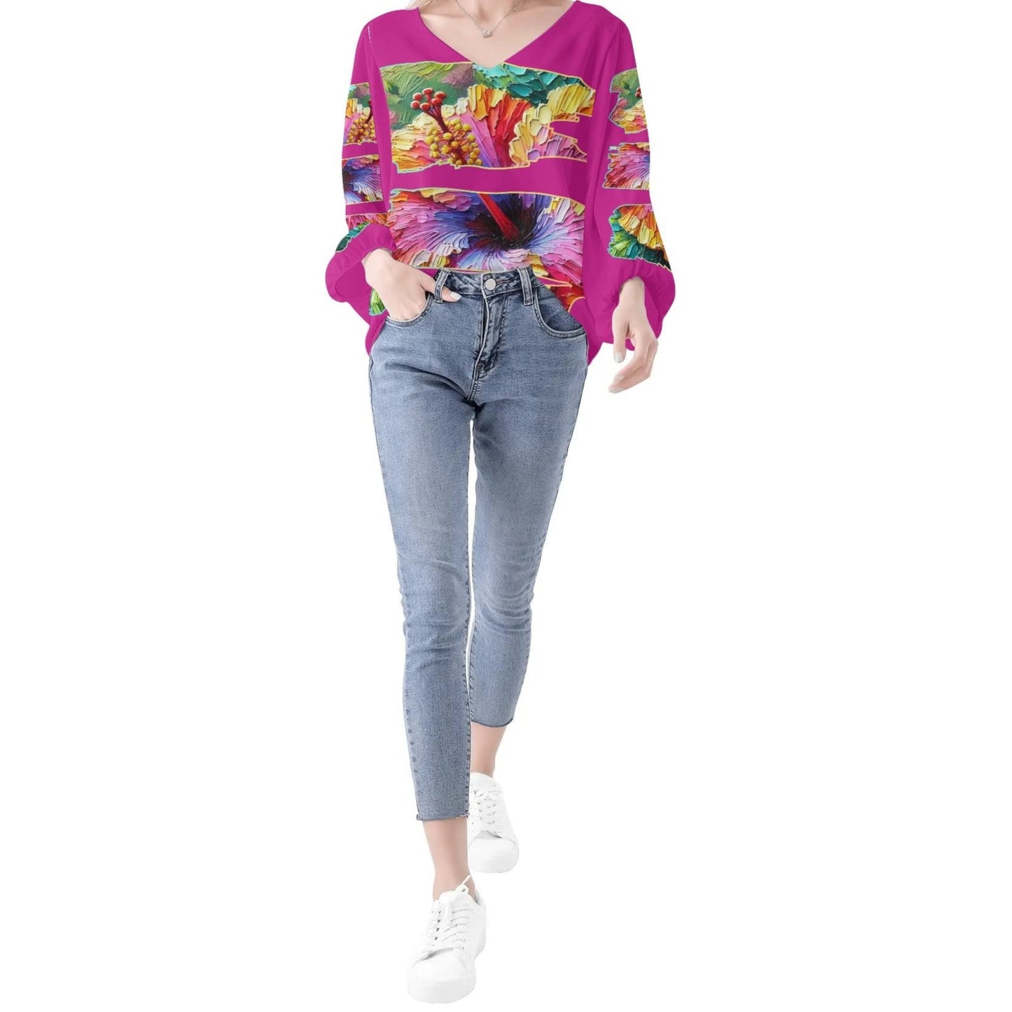 Womens Puffy Long-sleeve Chiffon Blouse "Hibiscus"