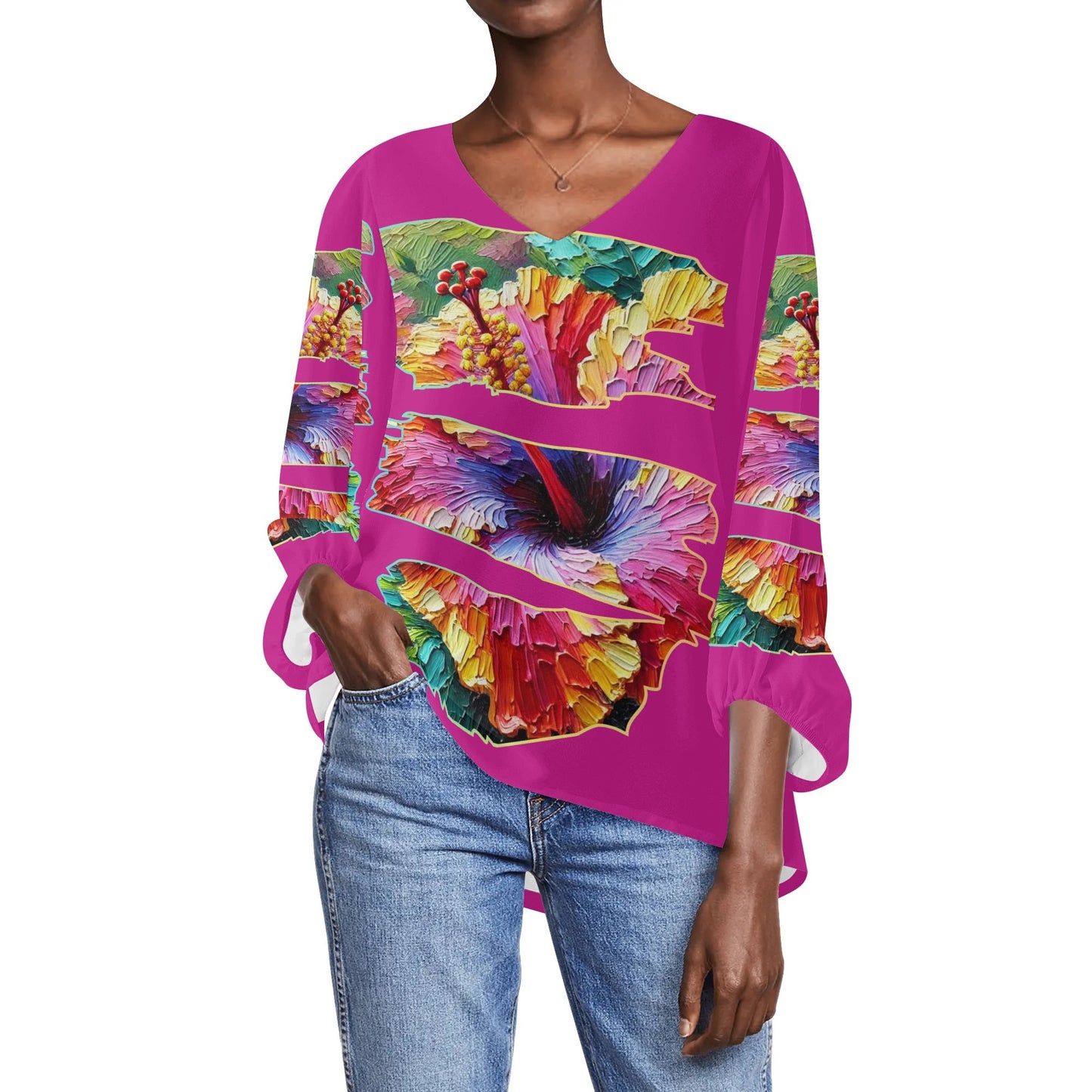 Womens Puffy Long-sleeve Chiffon Blouse "Hibiscus"