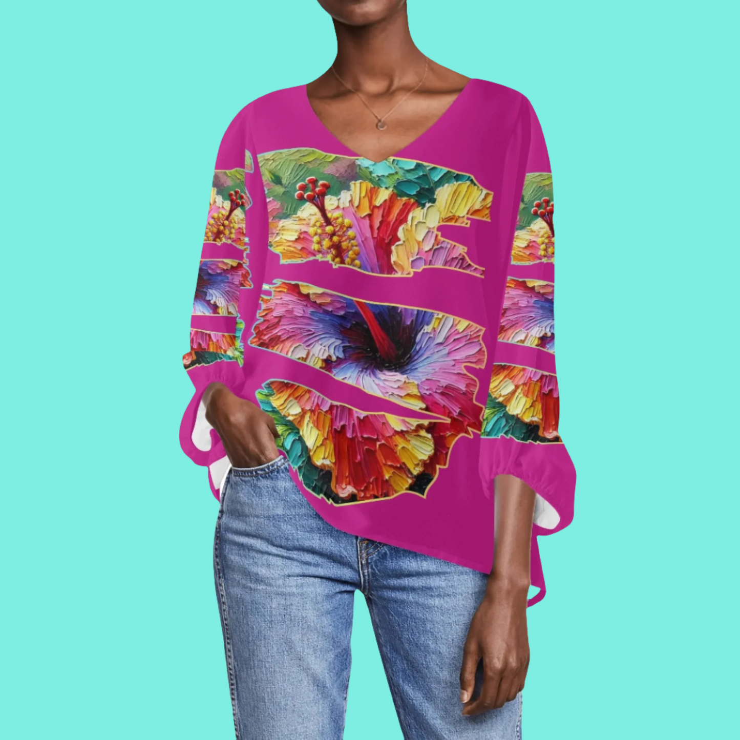 Womens Puffy Long-sleeve Chiffon Blouse "Hibiscus"