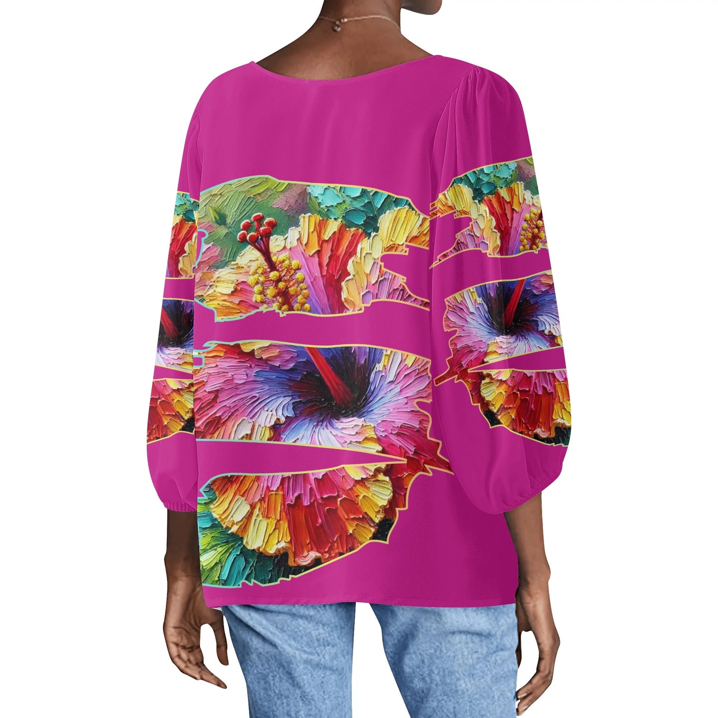 Womens Puffy Long-sleeve Chiffon Blouse "Hibiscus"