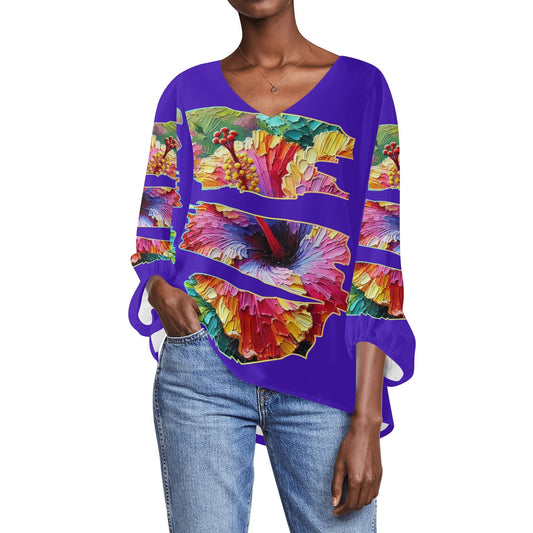 Womens Puffy Long-sleeve Chiffon Blouse "Hibiscus"