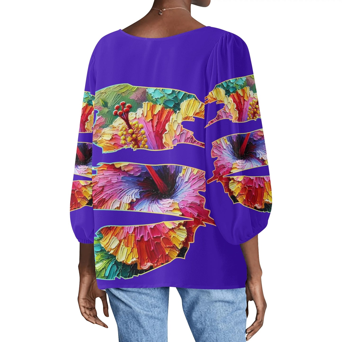 Womens Puffy Long-sleeve Chiffon Blouse "Hibiscus"