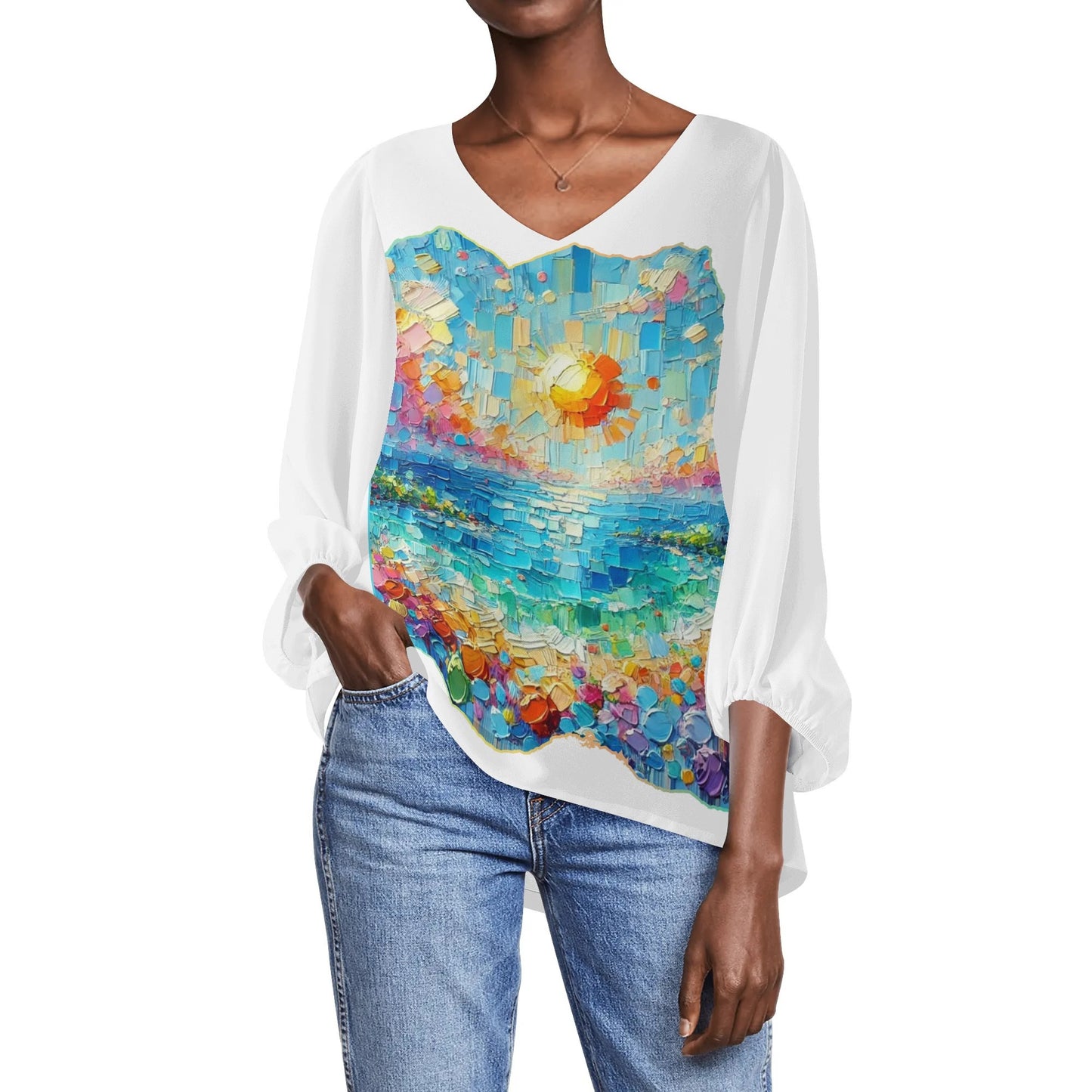 Womens Puffy Long-sleeve Chiffon Blouse "Beautiful Day"a