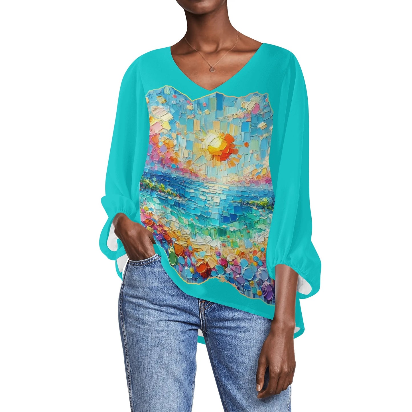 Womens Puffy Long-sleeve Chiffon Blouse "Beautiful Day"a