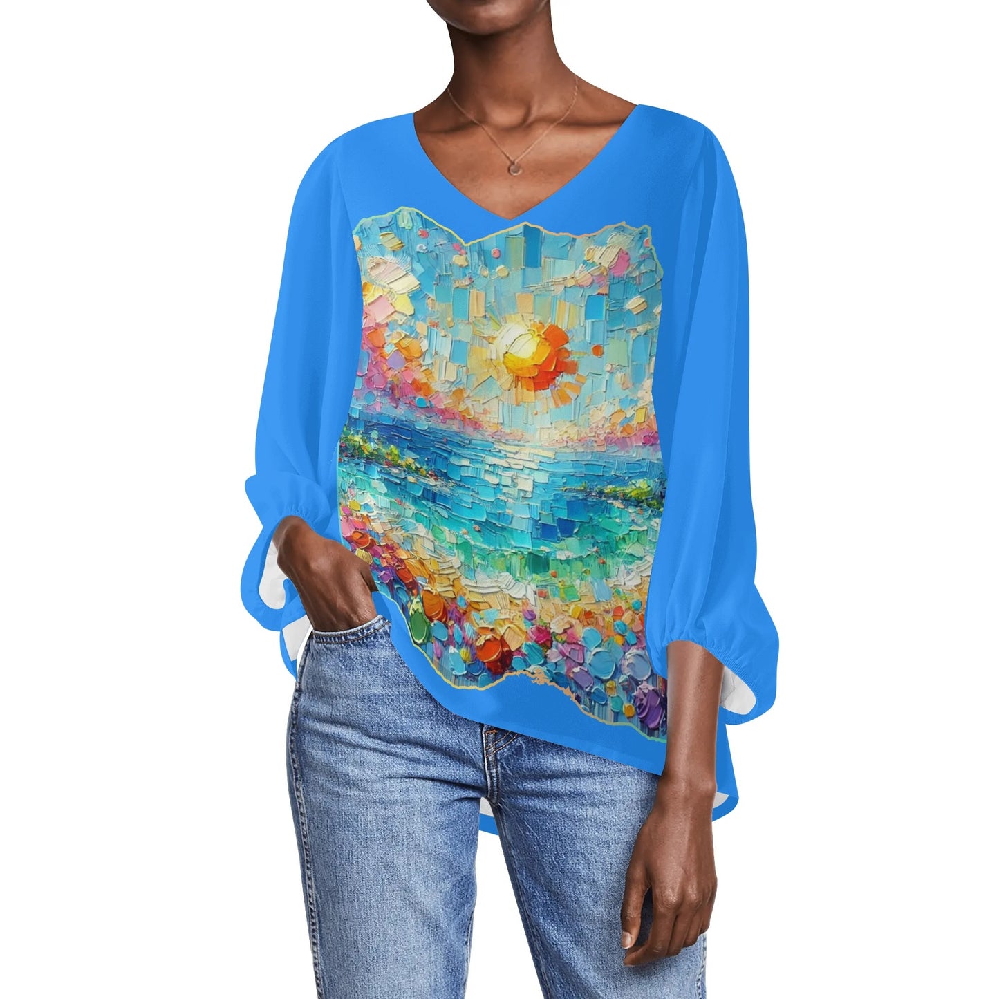 Womens Puffy Long-sleeve Chiffon Blouse "Beautiful Day"a