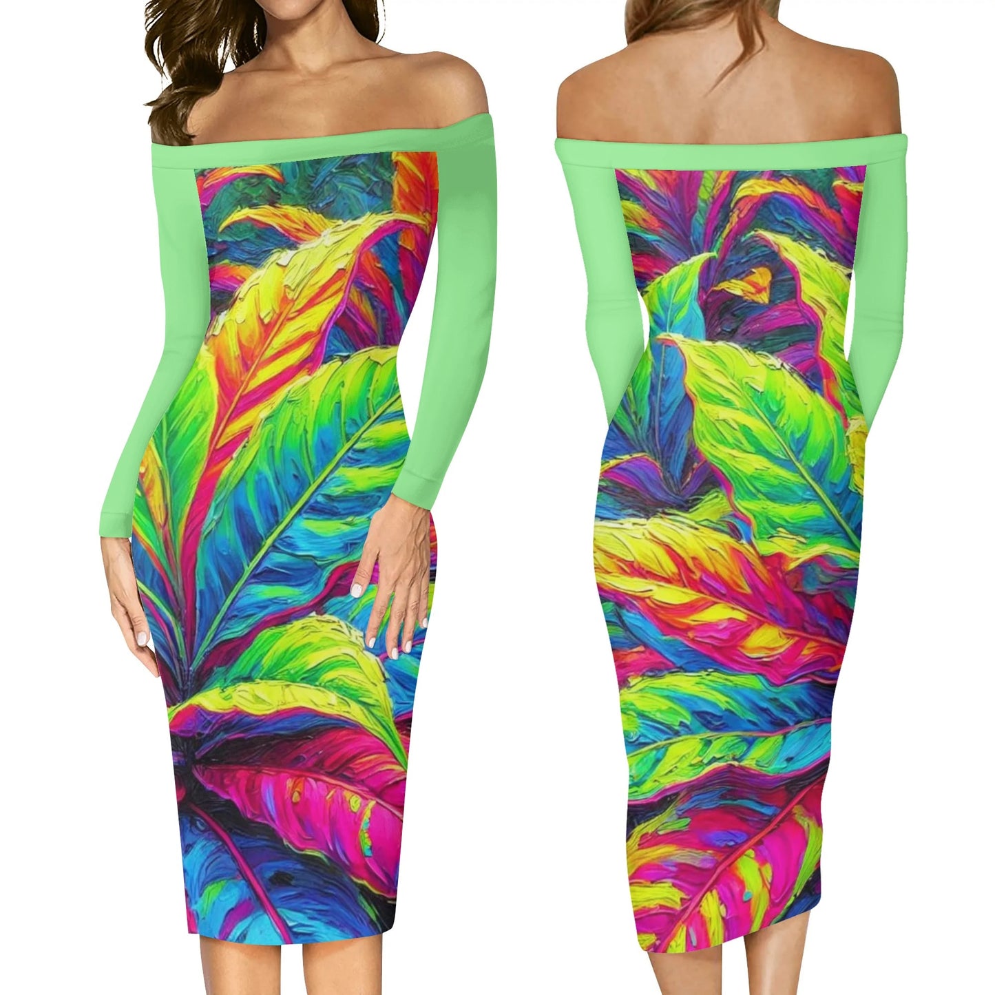 Womens Off The Shoulder Long Sleeve Elegant Wrap Dress "Neon Croton Print"