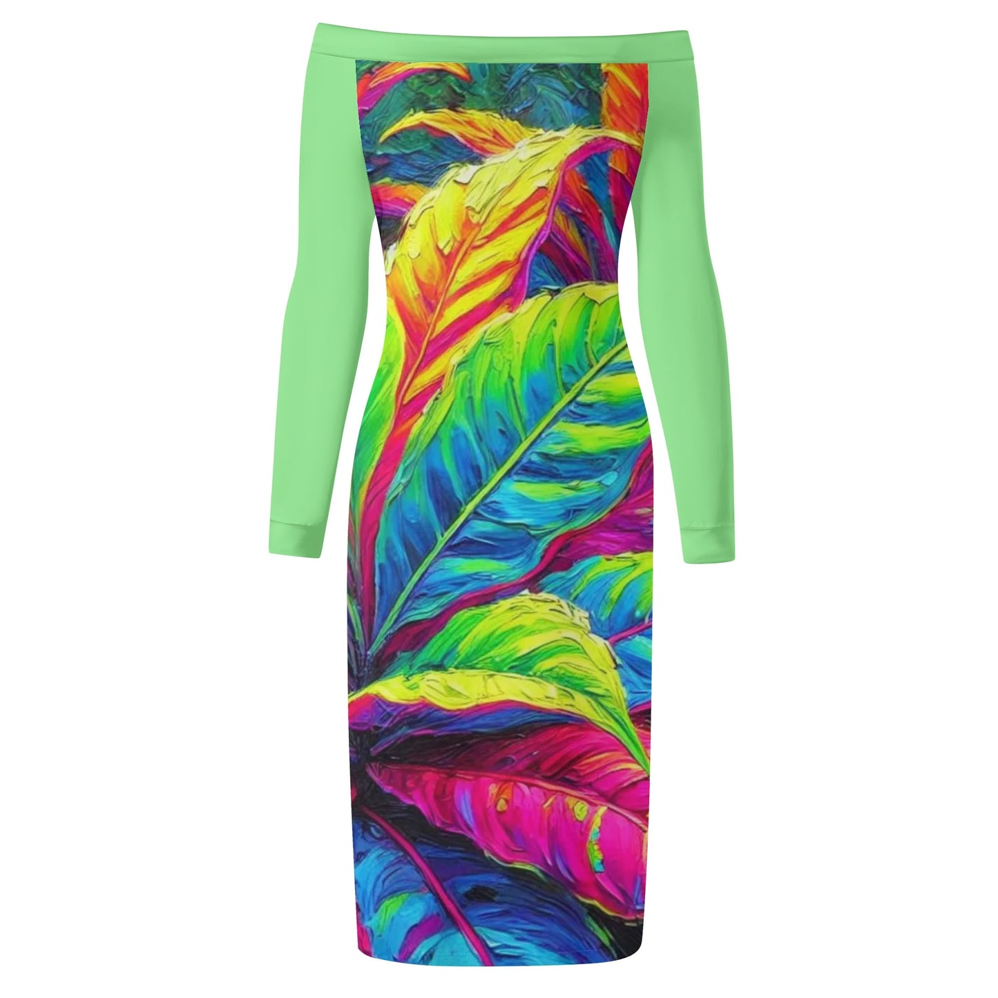 Womens Off The Shoulder Long Sleeve Elegant Wrap Dress "Neon Croton Print"