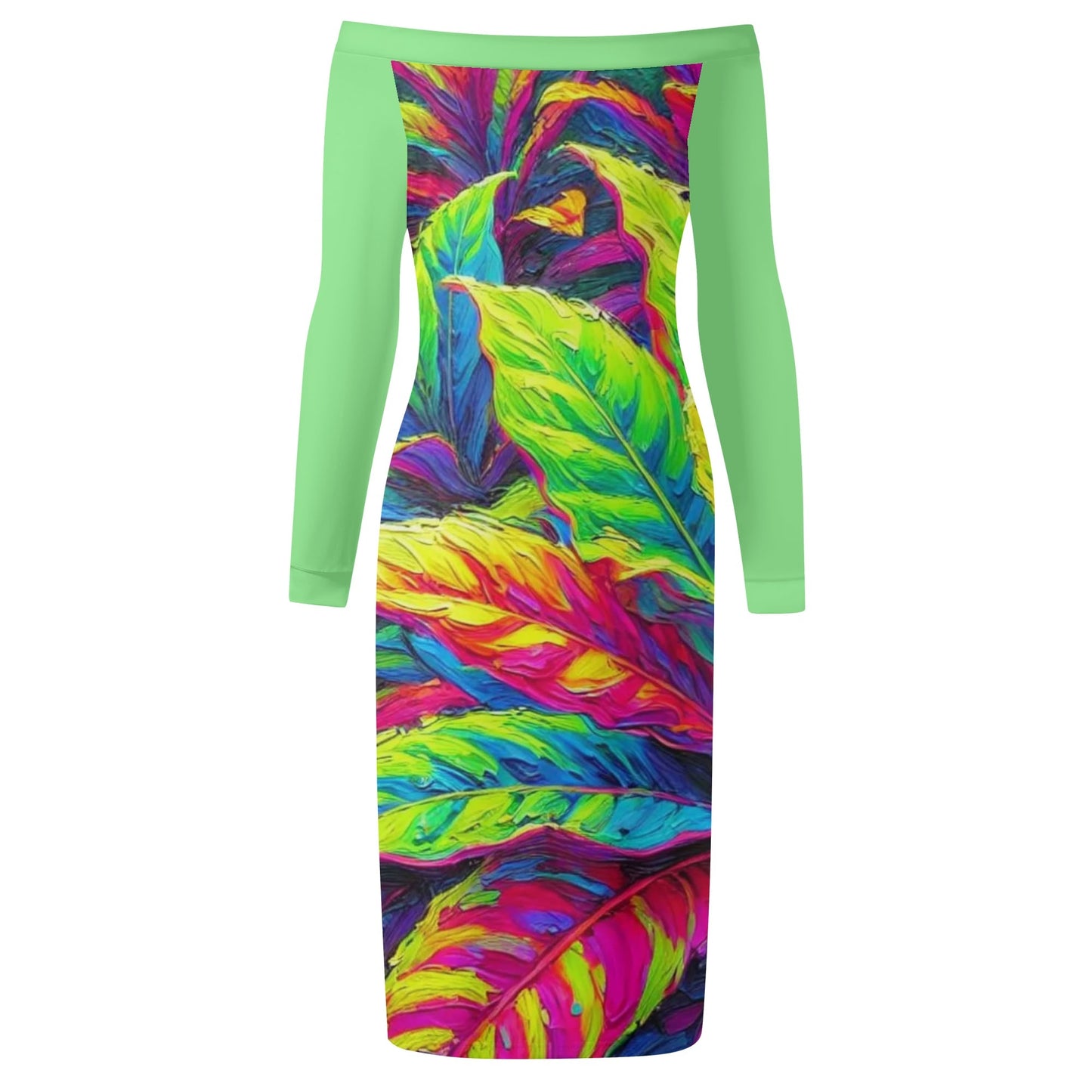 Womens Off The Shoulder Long Sleeve Elegant Wrap Dress "Neon Croton Print"