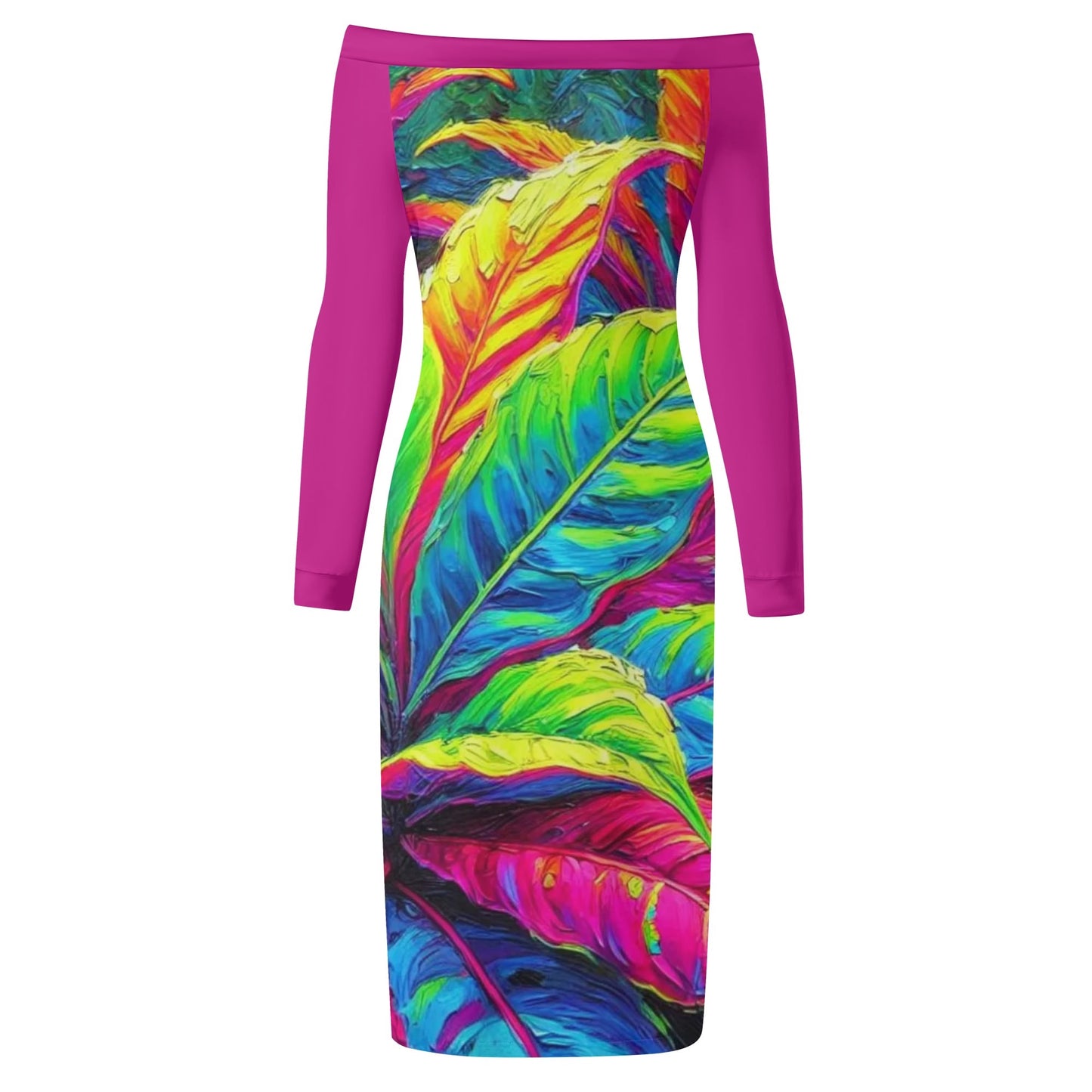 Womens Off The Shoulder Long Sleeve Elegant Wrap Dress "Neon Croton Print"