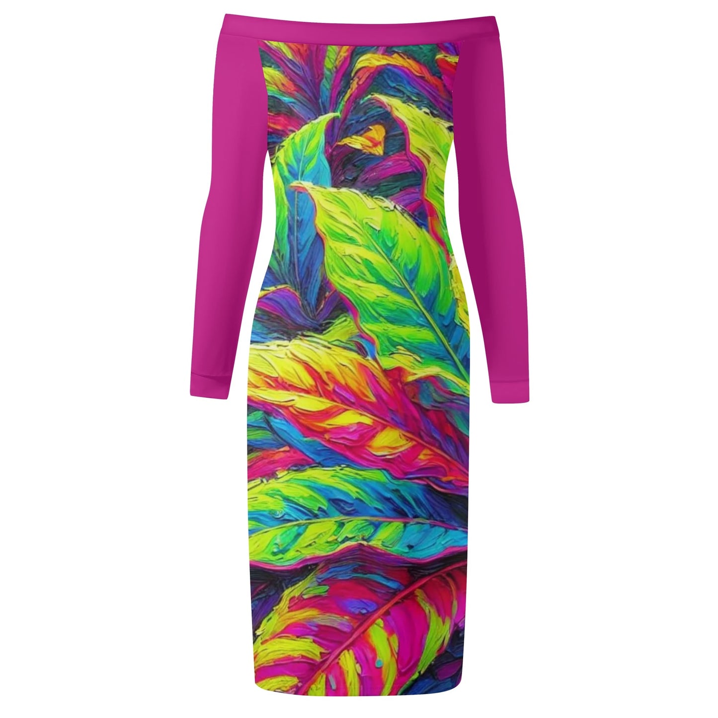 Womens Off The Shoulder Long Sleeve Elegant Wrap Dress "Neon Croton Print"