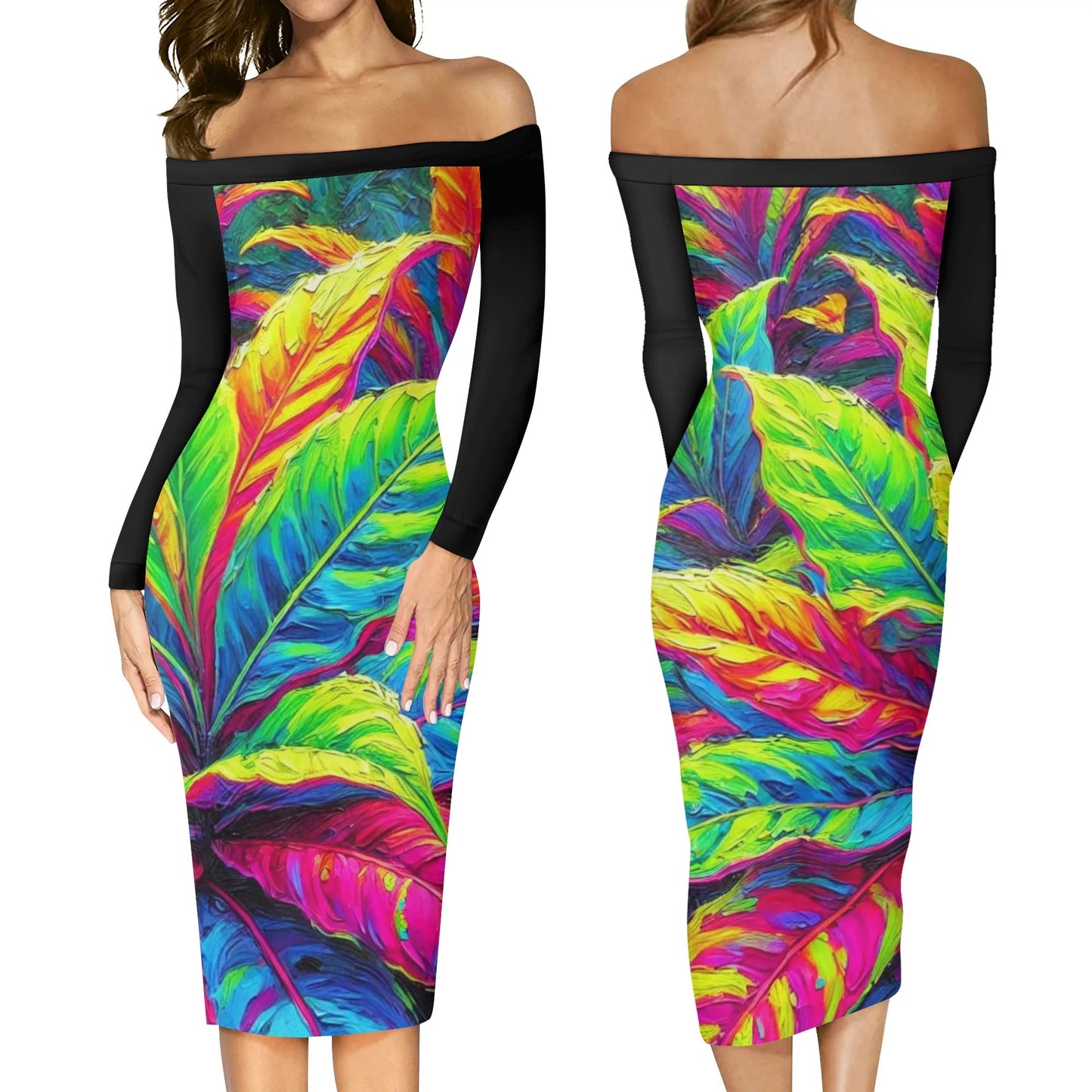 Womens Off The Shoulder Long Sleeve Elegant Wrap Dress "Neon Croton Print"