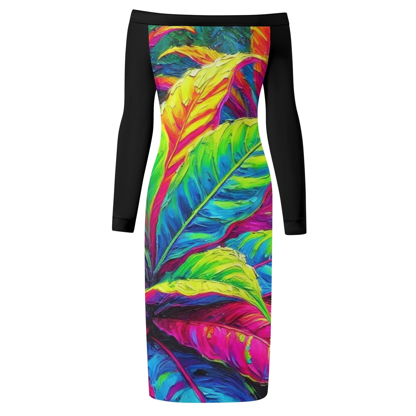 Womens Off The Shoulder Long Sleeve Elegant Wrap Dress "Neon Croton Print"