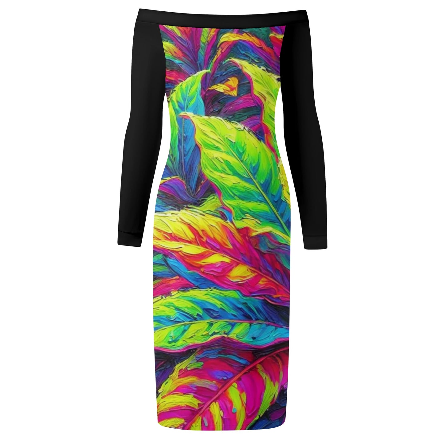 Womens Off The Shoulder Long Sleeve Elegant Wrap Dress "Neon Croton Print"