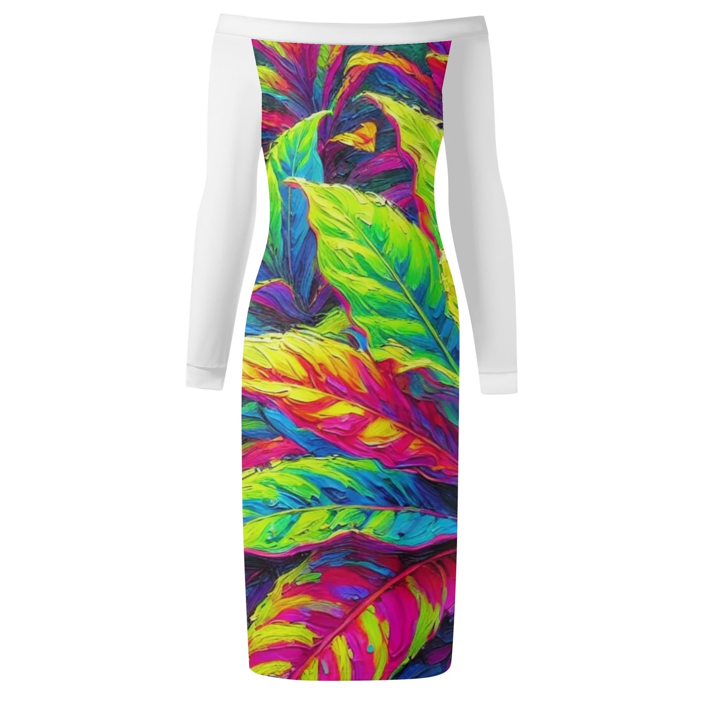 Womens Off The Shoulder Long Sleeve Elegant Wrap Dress "Neon Croton Print"