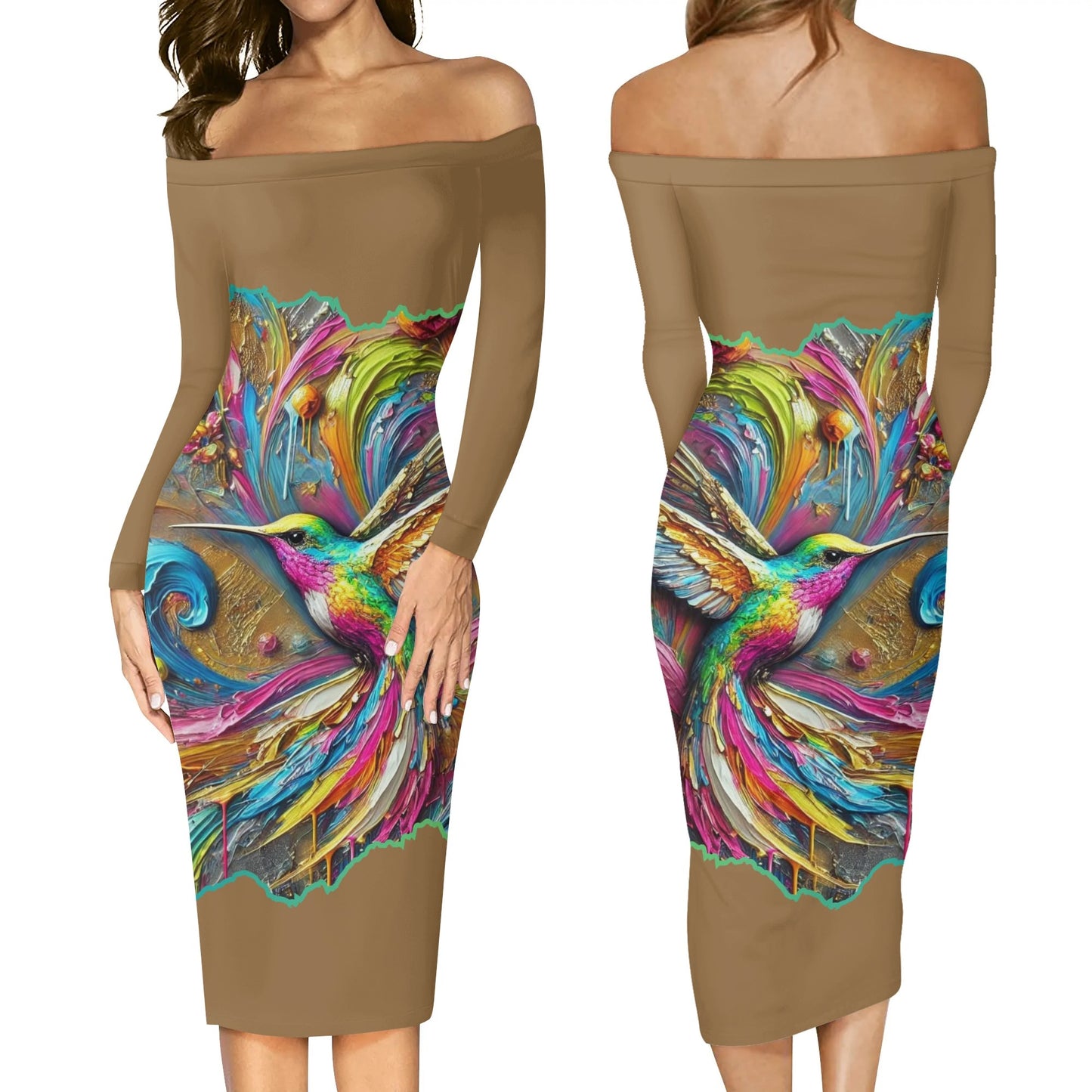 Womens Off The Shoulder Long Sleeve Elegant Wrap Dress "Hummingbird Print"