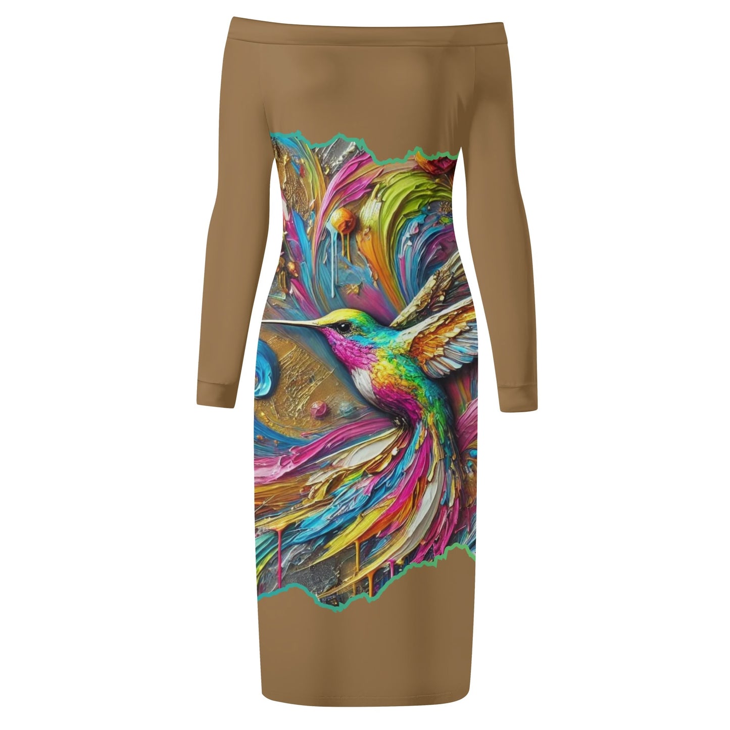 Womens Off The Shoulder Long Sleeve Elegant Wrap Dress "Hummingbird Print"