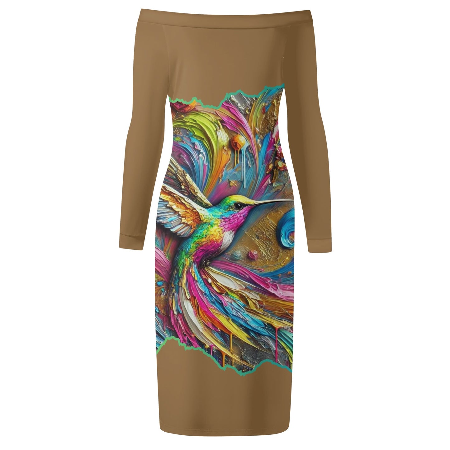 Womens Off The Shoulder Long Sleeve Elegant Wrap Dress "Hummingbird Print"