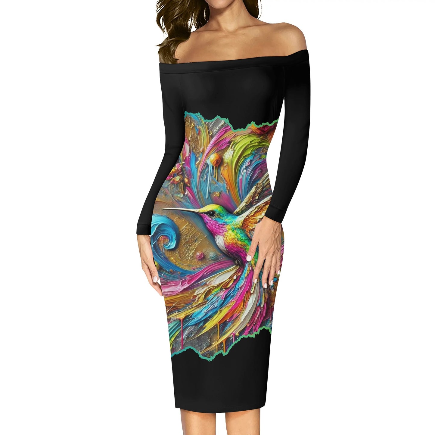 Womens Off The Shoulder Long Sleeve Elegant Wrap Dress "Hummingbird Print"