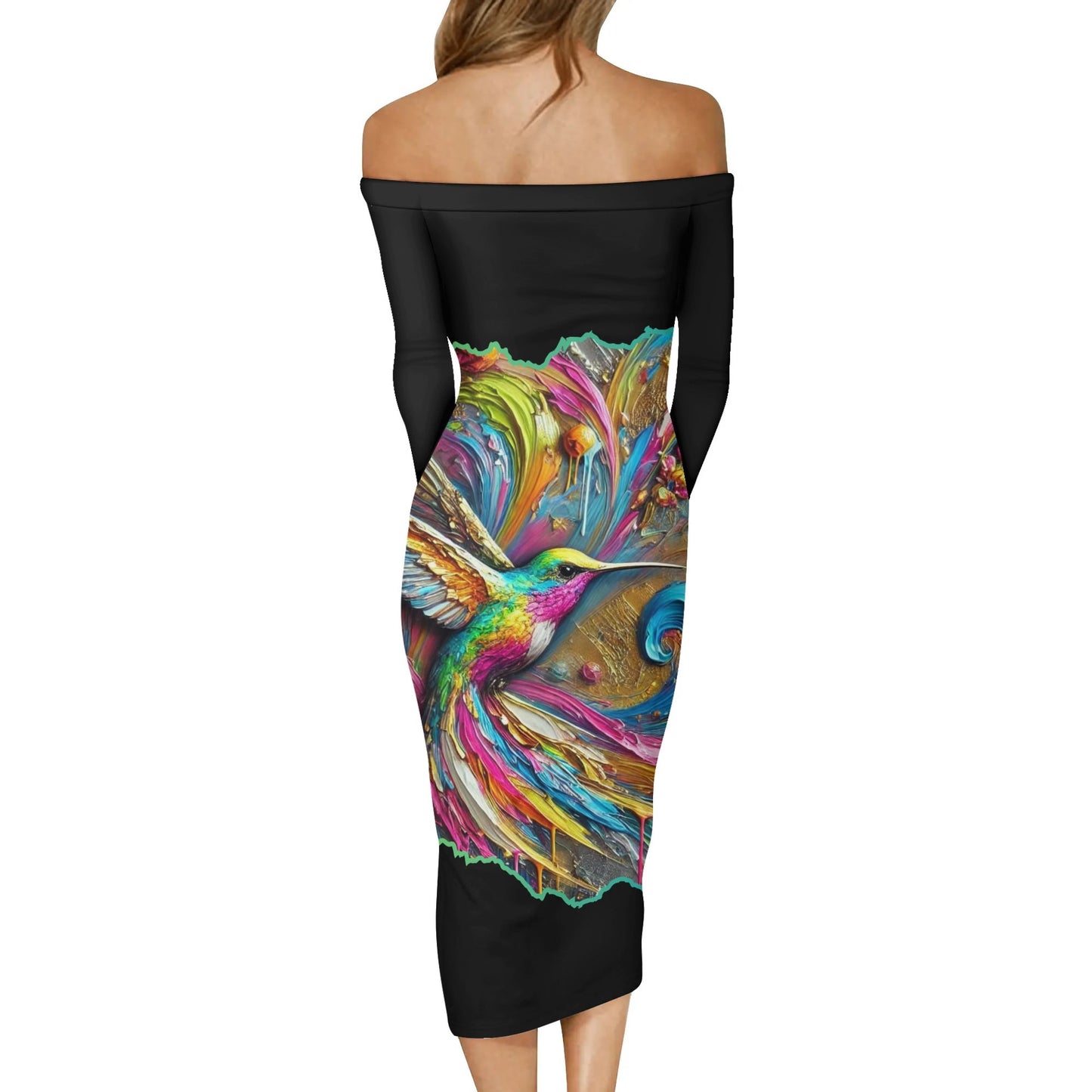 Womens Off The Shoulder Long Sleeve Elegant Wrap Dress "Hummingbird Print"