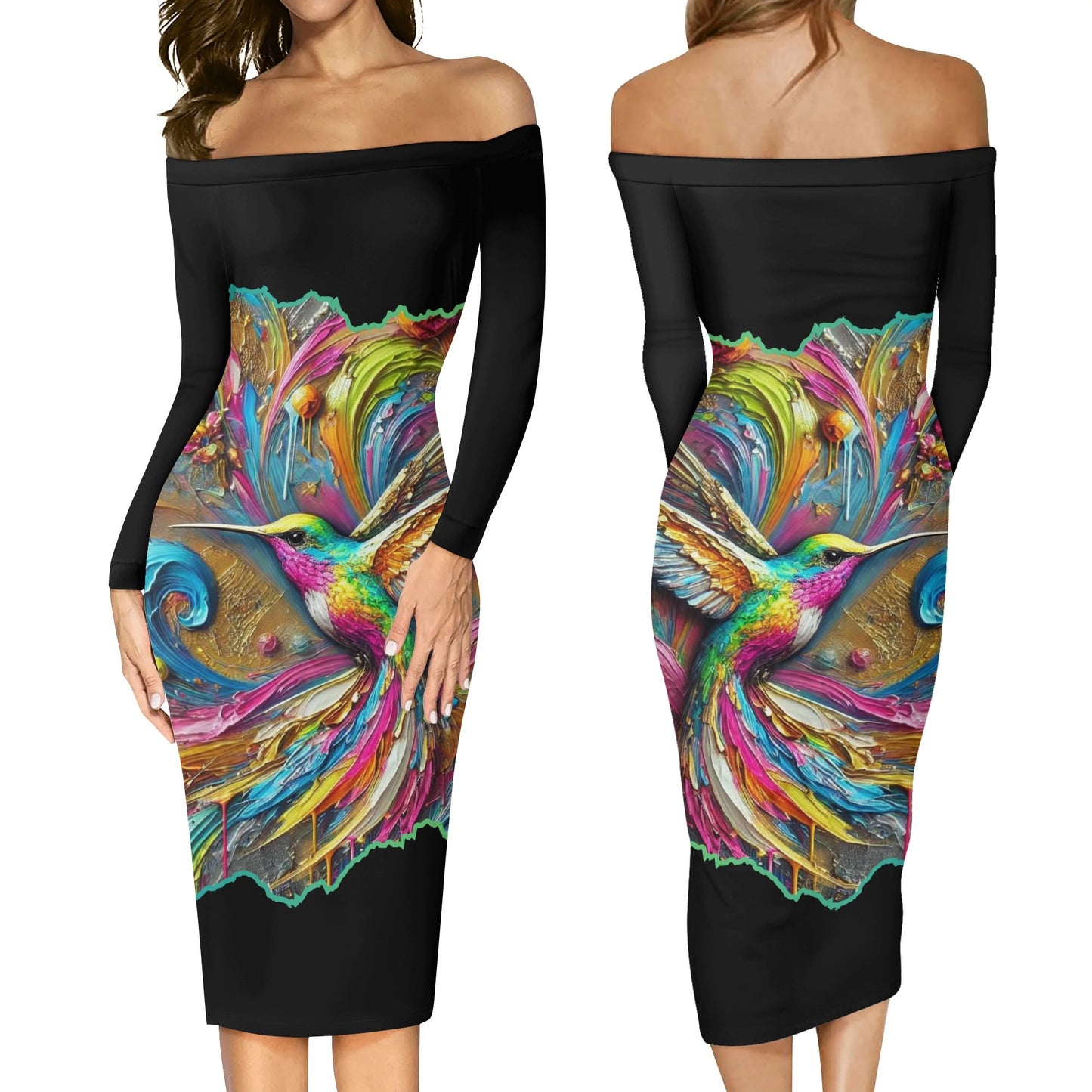 Womens Off The Shoulder Long Sleeve Elegant Wrap Dress "Hummingbird Print"