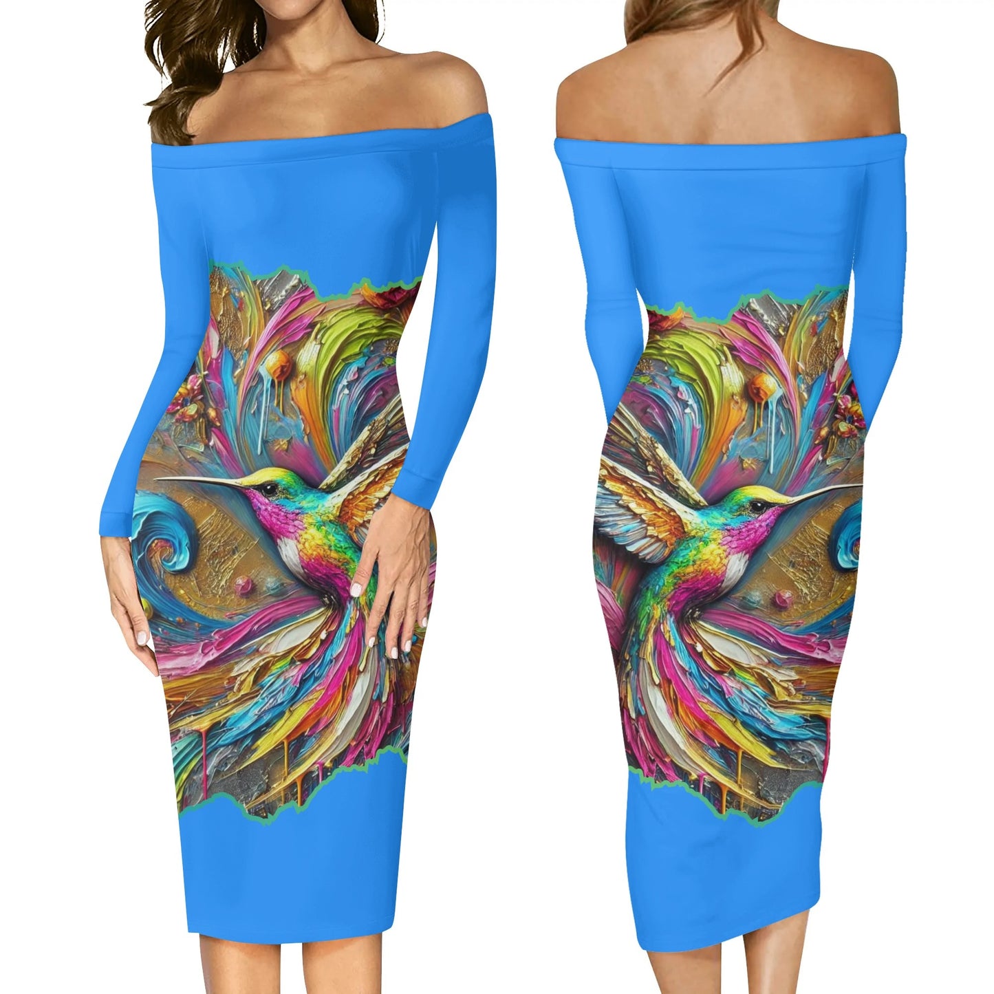 Womens Off The Shoulder Long Sleeve Elegant Wrap Dress "Hummingbird Print"