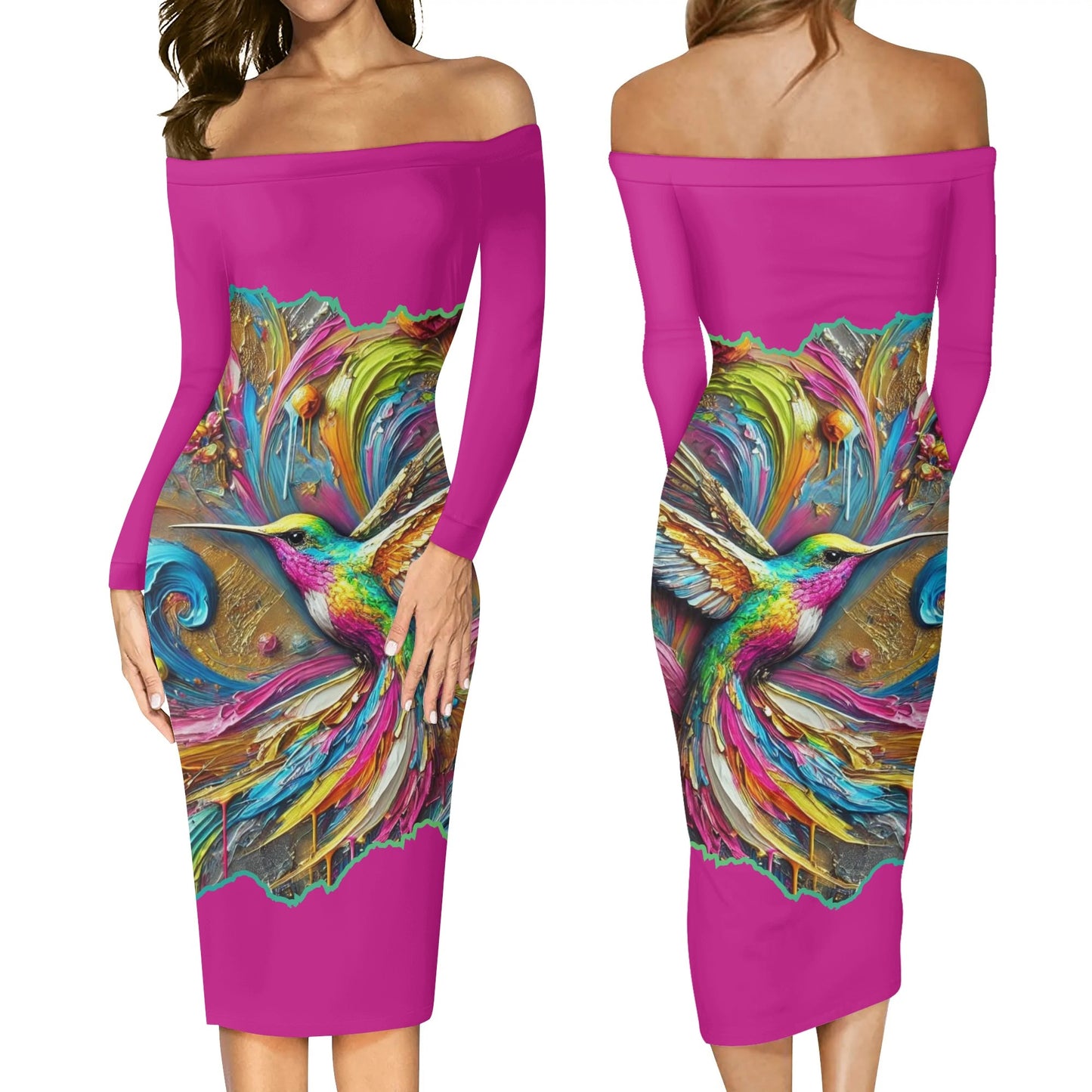 Womens Off The Shoulder Long Sleeve Elegant Wrap Dress "Hummingbird Print"