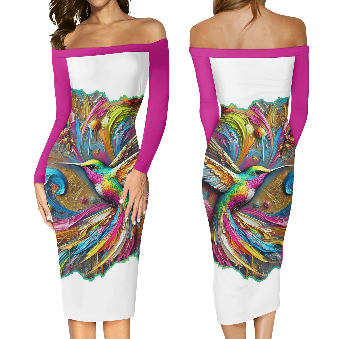 Womens Off The Shoulder Long Sleeve Elegant Wrap Dress "Hummingbird Print"