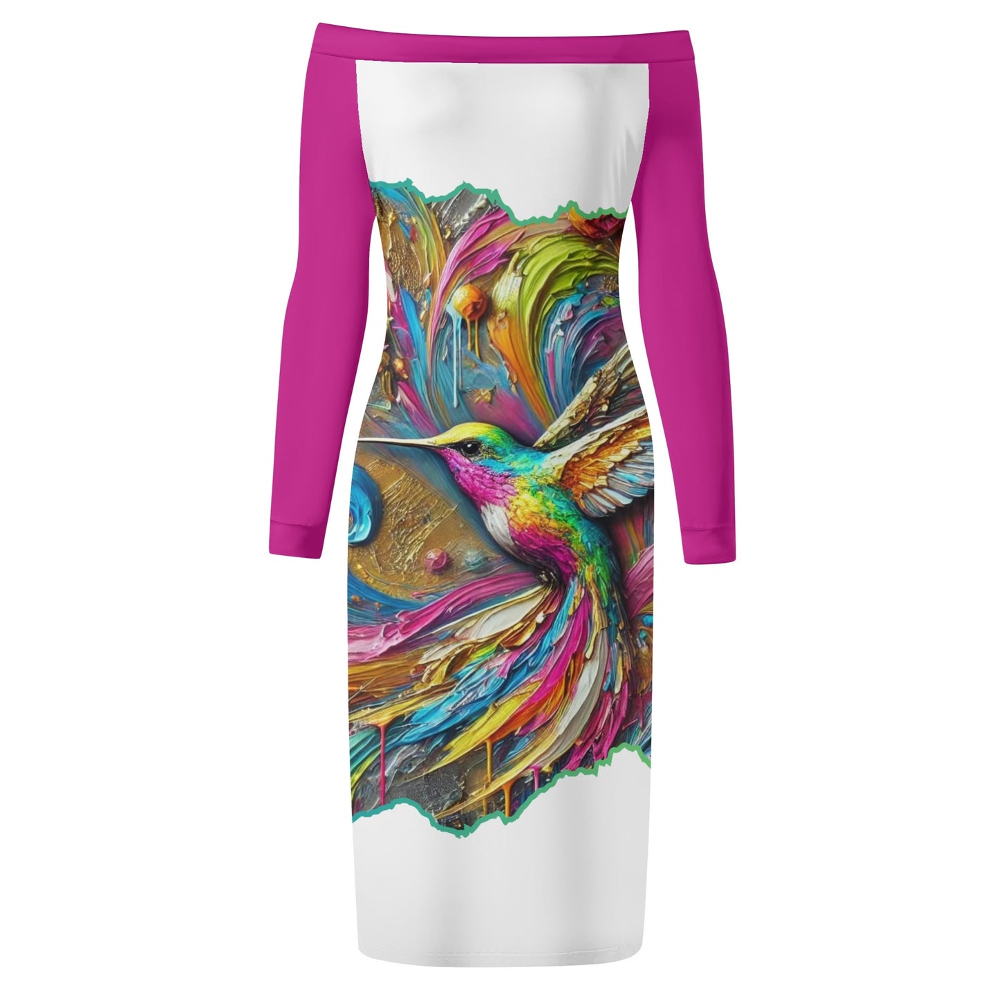 Womens Off The Shoulder Long Sleeve Elegant Wrap Dress "Hummingbird Print"