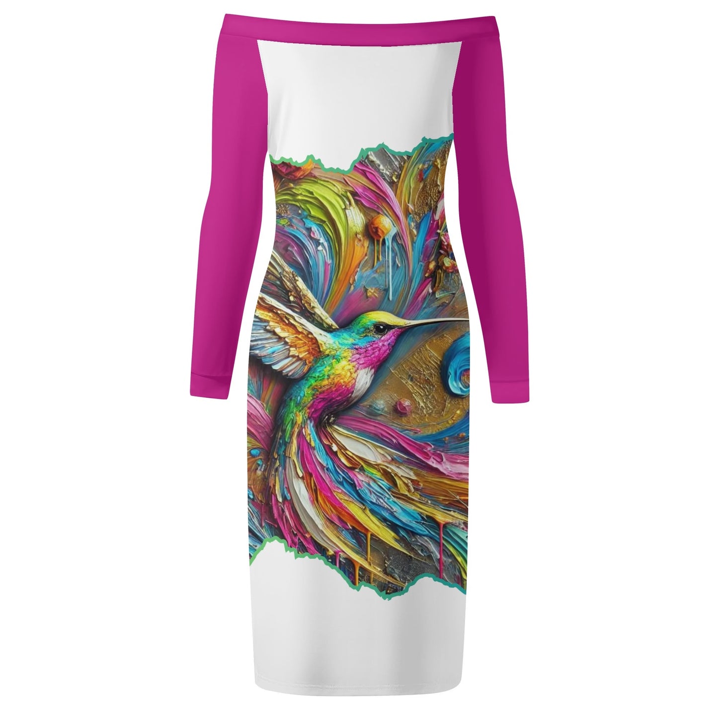 Womens Off The Shoulder Long Sleeve Elegant Wrap Dress "Hummingbird Print"