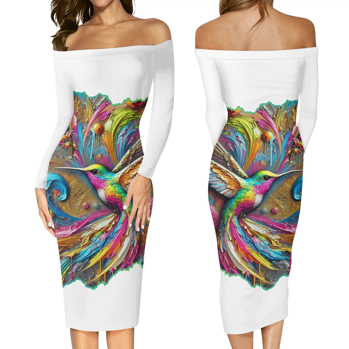 Womens Off The Shoulder Long Sleeve Elegant Wrap Dress "Hummingbird Print"