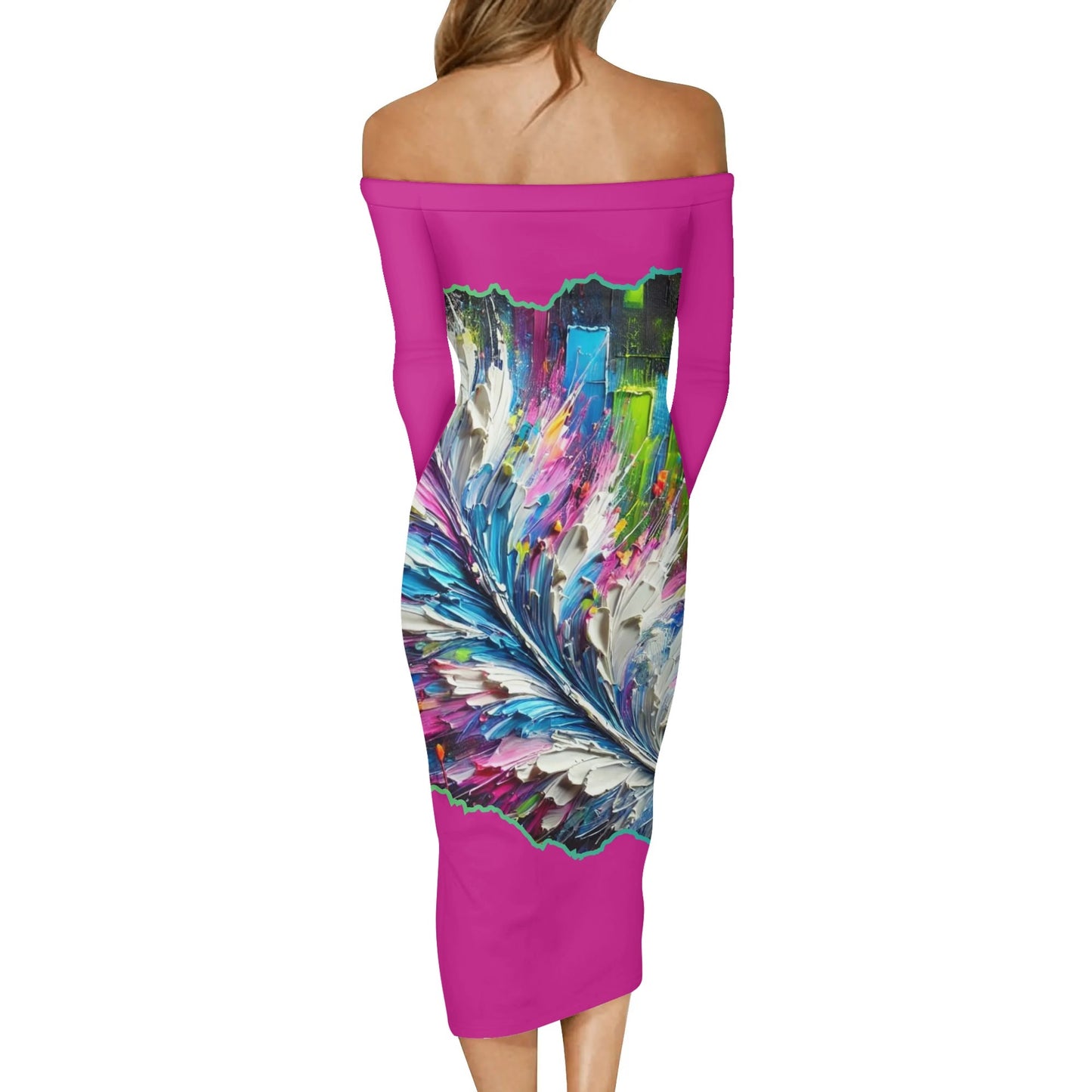 Womens Off The Shoulder Long Sleeve Elegant Wrap Dress "Abstract Feather Print"