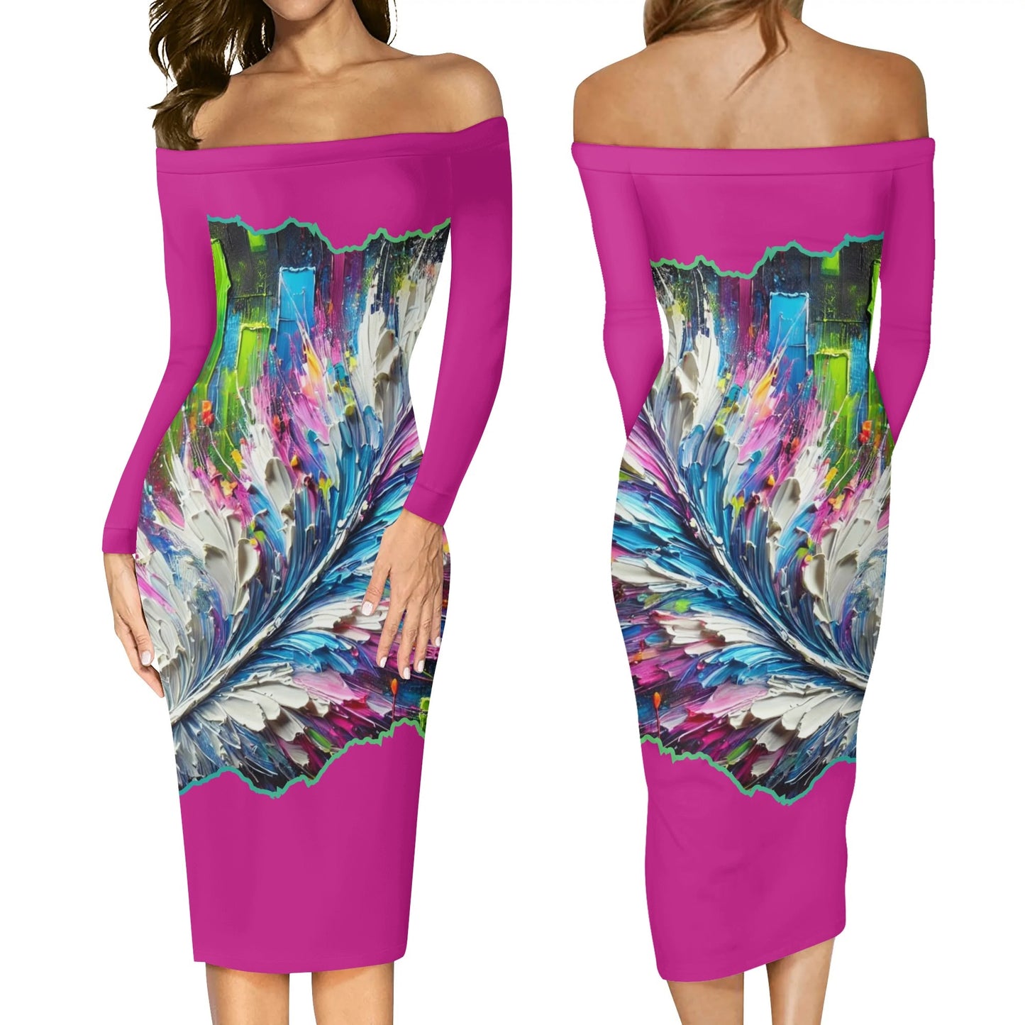 Womens Off The Shoulder Long Sleeve Elegant Wrap Dress "Abstract Feather Print"