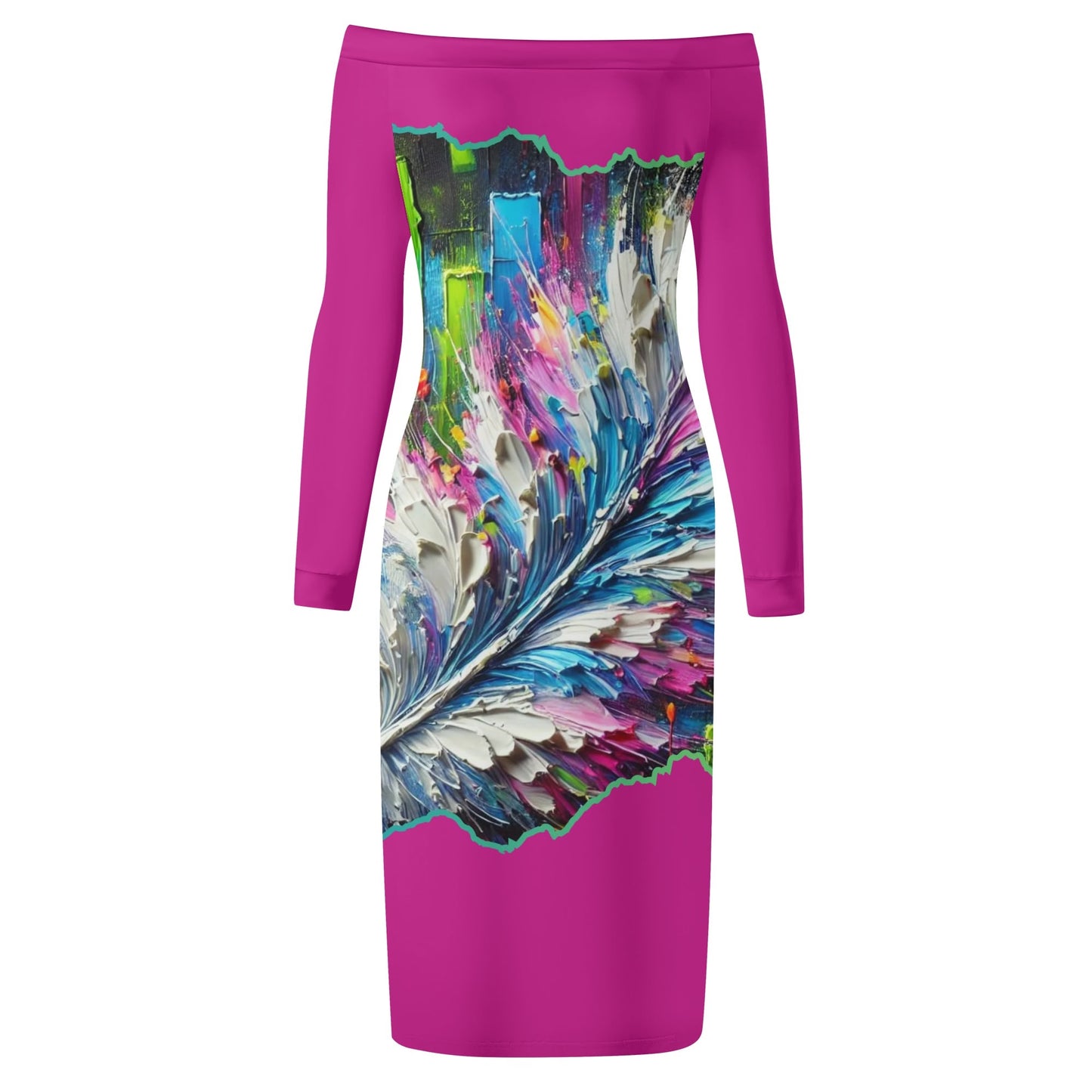 Womens Off The Shoulder Long Sleeve Elegant Wrap Dress "Abstract Feather Print"